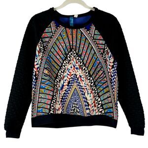 Buttons Black Quilted Sleeve Patterned Panel Front Sweatshirt Medium